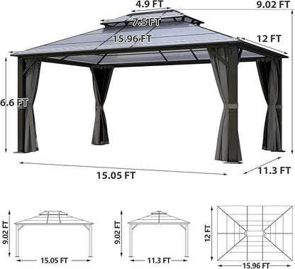 Hardtop Gazebo 12' x 16', Patio Gazebos with Polycarbonate Roof & Steel Frame, Outdoor Pavilion with Gray Curtain&Netting for Backyard/Lawn/Garden/Deck