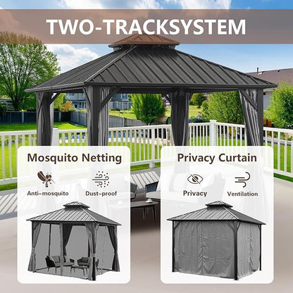 Endark 10x10FT Hardtop Gazebo with Double Roof, Aluminum Frame Outdoor Pavilion with Netting and Curtains for Patio, Backyard, Lawn