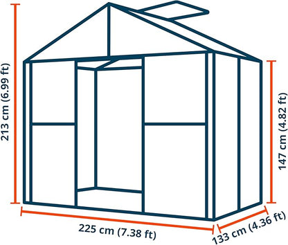Greenhouse Topas 2 Aluminum Frame 7.4 x 4.4 ft Approx. 6 mm Polycarbonate Panels - with Bonus Base Frame and Automatic Vent Opener