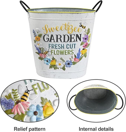 Set of 2 Sweet Bee Garden Metal Planter Buckets, Rustic Farmhouse Flower Pots with Handles, Decorative Indoor Outdoor Gardening Containers for Succulents, Herbs, Home & Porch Decor