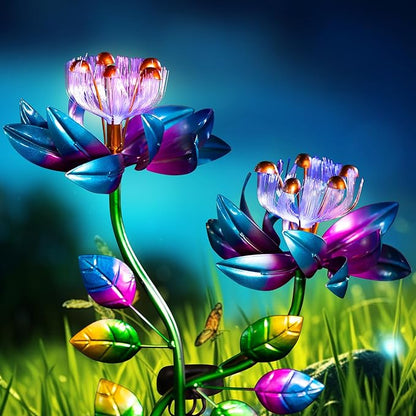 Solar Wind Spinners Blue Twin Flowers for Yard and Garden, Solar Windmill Garden Whirligig Kinetic Spinners Decor for Lawn, Patio, Yard, Metal Wind Outdoor Sculpture