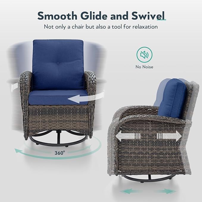 5 Piece Patio Furniture Set with Fire Pit Table - Wicker Patio Conversation Set with Swivel Glider, 3-Seat Sofa, Tempered Glass Side Table for Deck Backyard - Brown Wicker Blue Cushion