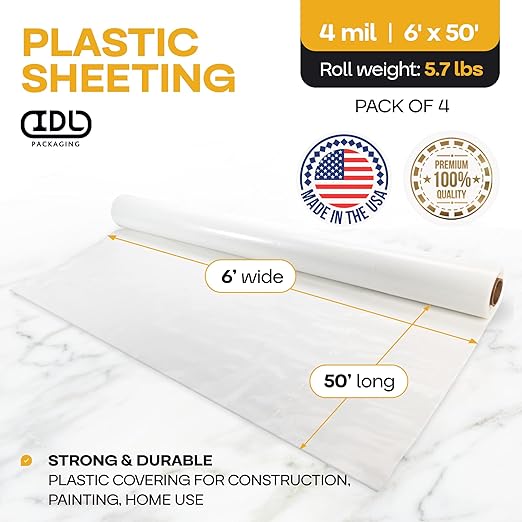 Plastic Sheeting 4 mil, 6' x 50' (300 sq.ft.), Pack of 4 - Thick Semi-Clear Plastic Sheeting for Construction, Painting, Drop Cloth, Slide&Slip - Heavy Duty LDPE Film Roll by IDL Packaging
