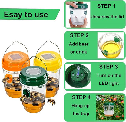 3 Pack Wasp Traps Outdoor Hanging, Solar Bee Trap for Outside with LED Light, Hornet Deterrent, Yellow Jacket Catcher, Reusable for Garden, Orchard, Indoor