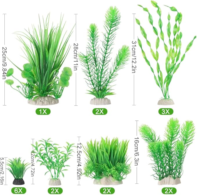 BEGONDIS 18pc Artificial Aquarium Green Plants Set, Realistic/Natural Style, Artificial Plastic Aquarium Plants for Aquarium Decorations