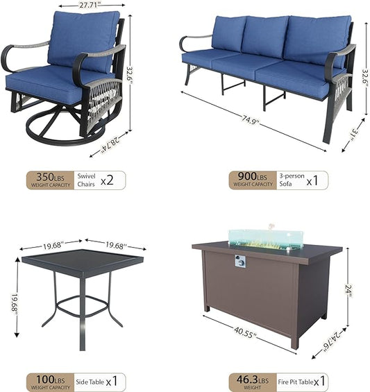 5 Pieces Modern Patio Furniture Set, All Weather Metal Outdoor Conversation Sets with Fire Pit Table for Backyard Garden Deck Porch Poolside, Blue