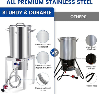 ARC 32QT Turkey Fryer Stainless Steel Stock Pot & Stainless Steel Propane Burner Outdoor Deep Fryer, Crawfish Boiler with Basket