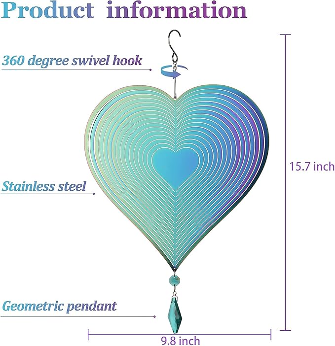 Wind Spinner, Hanging Wind Sculptures,Wind Spinners for Yard and Garden Decor,Yard Decorations Outdoor,Hanging Art Ornaments for Garden Yard Balcony Decor (Rainbow Heart)