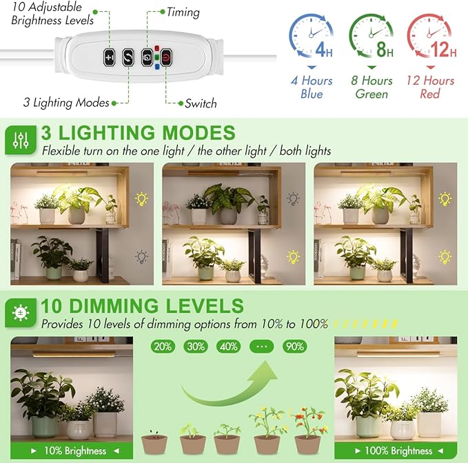 FOXGARDEN Bamboo Grow Light Strip for Indoor Plants, Full Spectrum 192 LED Bright Plant Light with Auto On/Off Timer 4/8/12H, 10 Dimmable Brightness, 2 Strips with 1 Controller