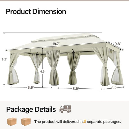 LAUSAINT HOME Outdoor Patio Gazebo 10'x20' with Expansion Bolts, Heavy Duty Party Tent & Shelter with Double Roofs, Mosquito Nettings and Privacy Screens for Backyard, Garden, Lawn, Cream White