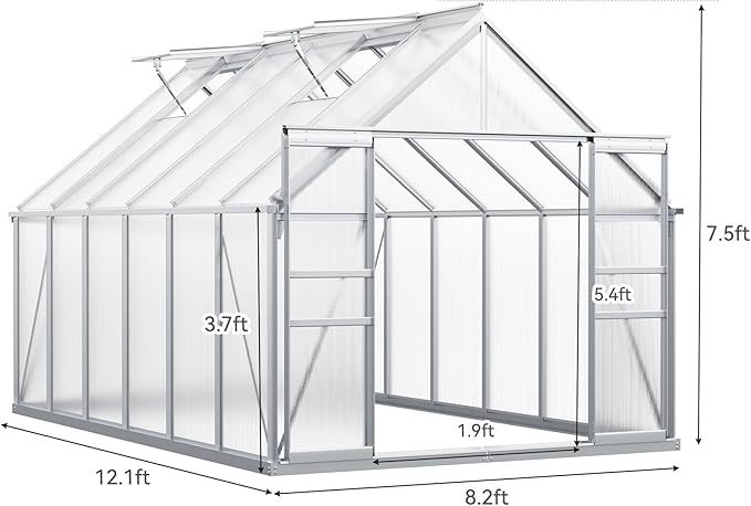 YITAHOME 8x12FT Polycarbonate Greenhouse for Outdoors, Large Heavy Duty Aluminum Greenhouses with Sliding Doors and Vent Window, Walk-in Greenhouse for Garden Backyard, Simple Setup, Silver
