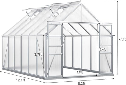 YITAHOME 8x12FT Polycarbonate Greenhouse for Outdoors, Large Heavy Duty Aluminum Greenhouses with Sliding Doors and Vent Window, Walk-in Greenhouse for Garden Backyard, Simple Setup, Silver