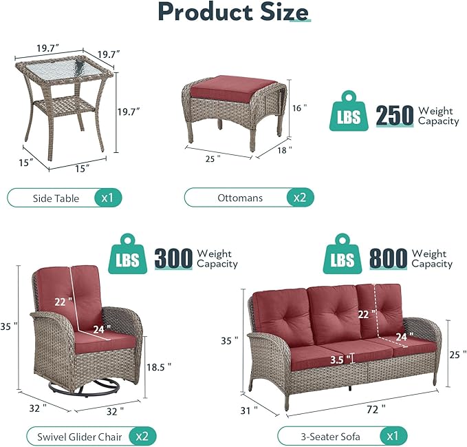6 Piece Patio Furniture Set - Wicker Patio Conversation Set with Swivel Glider, 3-Seater Sofa, Tempered Glass Side Table and 2 Ottomans for Deck Backyard - Grey Wicker Red Cushion