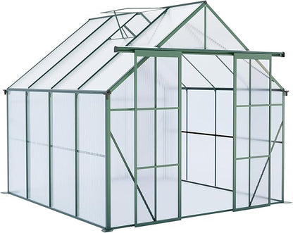 KEIKI 8x8 FT Double Door Polycarbonate Greenhouse with Aluminum Frame,Raised Base and Roof Vent,Walk-in Greenhouses for Patio Garden Backyard