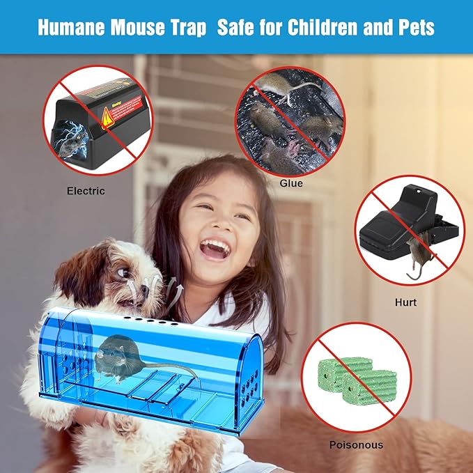 4 Pack Humane Mouse Traps, Live Mouse Traps Indoor for Home, Reusable Mice Small Rat Trap Catcher for House & Outdoors