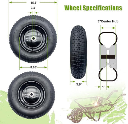 2-Pack 4.80/4.00-8" Pneumatic Wheelbarrow Wheel and Tires with 3"- 6" Center Hub and 3/4" Bushings for Wheelbarrow and Yard Cart Garden Wagon, Black