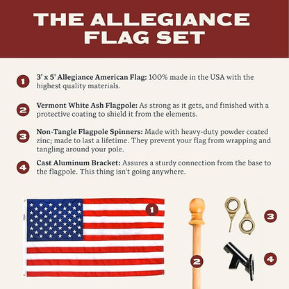 Allegiance Flag Supply Pre-Assembled American Flag Set | American-Sourced Nylon Fabric, Embroidered Stars, Hand-Stitched | Proudly Made in USA (3' x 5')