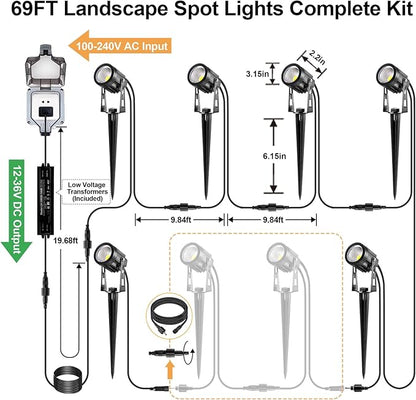 Outdoor LED Landscape Lighting 3W 12V Low Voltage Landscape Lights, 2700K 1800LM Landscape Lights with Transformer IP65 Waterproof, Landscape Spotlights for Garden Yard Lawn Decorative(6 Pack)