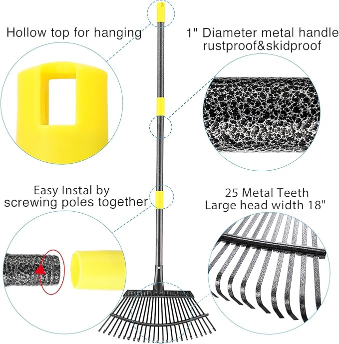 Leaf Rake, 30-61 inch Garden Rakes for Leaves Heavy Duty Long Handle, 25 Tines 18" Wide Metal Thatch Lawn Gravel Shrub Yard Landscape Rake for Leaves and Grass