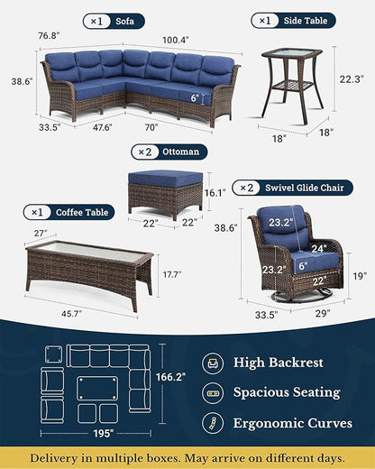 HILLGA Luxury Patio Furniture Set with 6-inch Thick Cushion, Outdoor Sectional Sofa and High Back Swivel Rocker Patio Chairs, 7PCS Wicker Conversation Set for Deck Yard and Pool, Blue (V2)