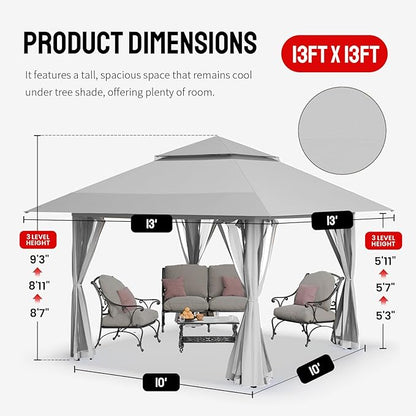 CROWN SHADES 13x13 Pop Up Gazebo, Canopy Tent, Gazebos on Clearance - Outdoor Gazebo for Backyard & Patio Furniture - Carpa Pop Up Tent with Wheeled STO-N-Go Cover Bag (Grey)