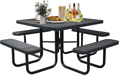 8-Person Outdoor Picnic Tables,46" Heavy-Duty Metal Square Picnic Table,Expanded Metal Commercial-Grade Table with 4 Benches & Umbrella Hole,Waterproof Coating Beach Table for Patio,Garden, Backyard