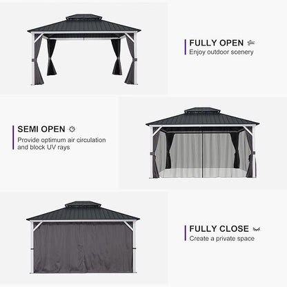 PURPLE LEAF 10' X 14' Hardtop Gazebo, Metal Double Roof White Aluminum Frame Outdoor Heavy Duty Gazebo with Curtain and Netting for Patio, Garden and Backyard, Grey