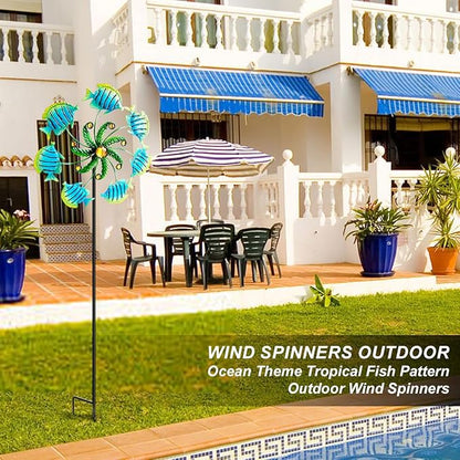 Tropical Fish Wind Spinners - 39" Ocean-Themed Metal Wind Sculptures Garden Stake Art, 13.5” Windmill Yard Kinetic, Outdoor Decor for Patio & Lawn - Metal Beach Sculpture with Fish Design