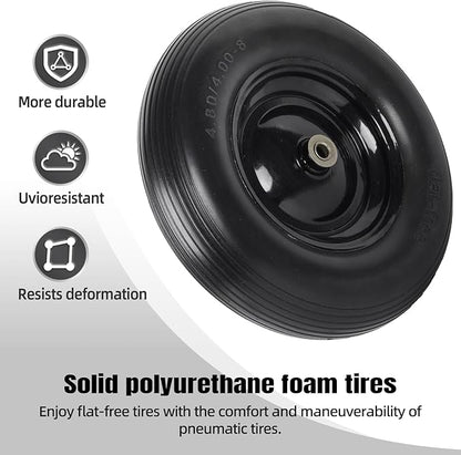 (2-PACK) 4.80/4.00-8" Tire and Wheel - Universal Fit 16" Flat Free Solid Wheelbarrow Tires with 3" Hub and 5/8" Bearings – Extra Adapter kit includes 3/4" Ball Bearings, 1" and 1/2" Nylon Spacers