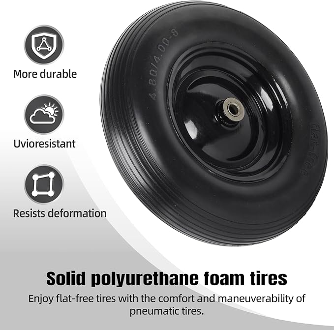 4.80/4.00-8" Flat Free Tire and Wheel - 16 Inch Solid Rubber Wheelbarrow Tires with 5/8" and 3/4" Ball Bearings, 3" Centered Hub (Extra Adapter kit includes Bearing, 1" and 1/2" Nylon Spacers)