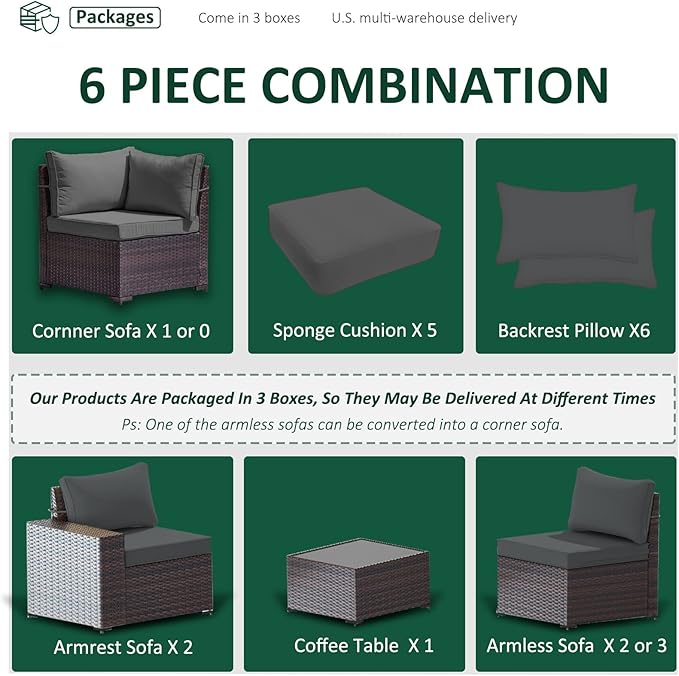 Outdoor Patio Furniture Set, 6 Pieces Outdoor Furniture All Weather Patio Sectional Sofa PE Wicker Modular Conversation Sets with Coffee Table,5 Chairs & Seat Clips (Grey)