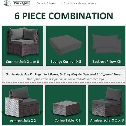 Outdoor Patio Furniture Set, 6 Pieces Outdoor Furniture All Weather Patio Sectional Sofa PE Wicker Modular Conversation Sets with Coffee Table,5 Chairs & Seat Clips (Grey)