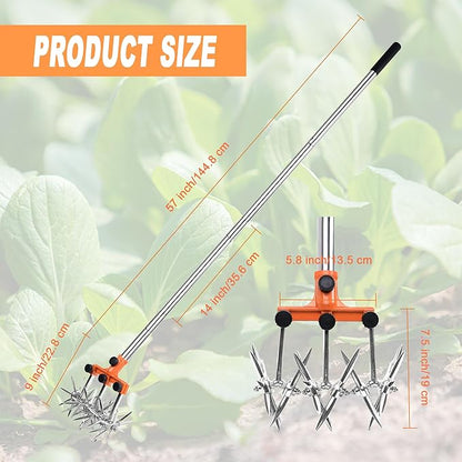 Rotary Cultivator Garden Rotary Tiller Adjustable Stainless Steel Poles Hand Tiller for Soil Mixing or Reseeding Grass Lawn Tiller Total Length 57 Inch