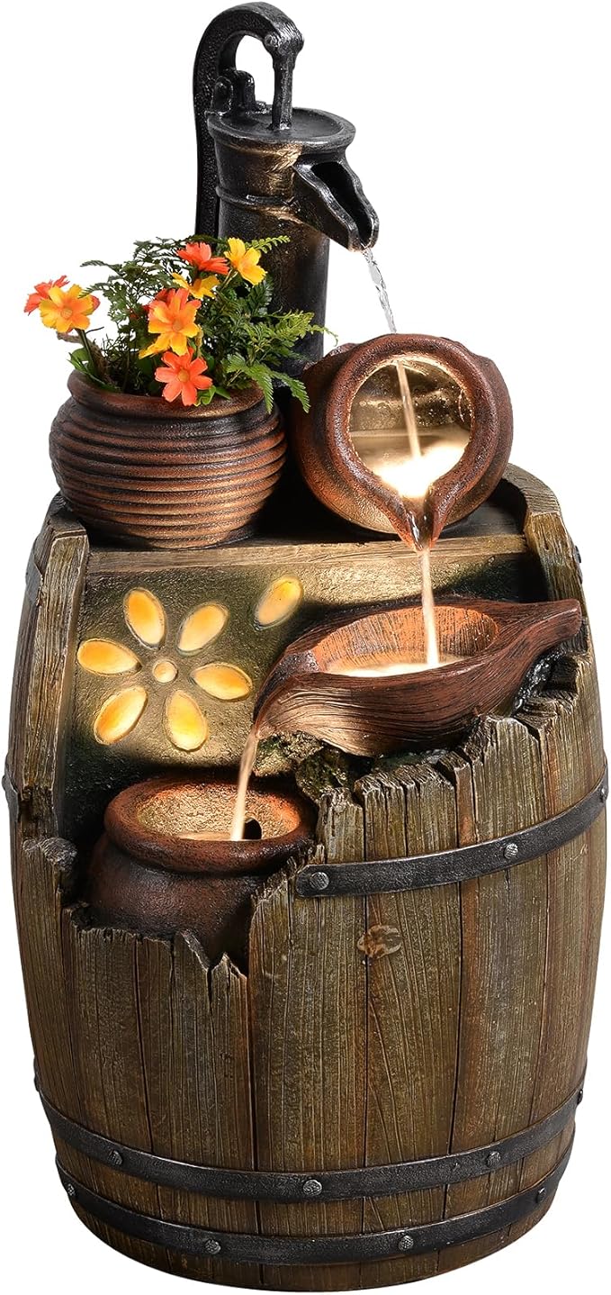 Water Fountain Outdoor 29" H Outside Floor 3 Tiered Rustic Barrel with Light, Pump for Garden, Patio, Deck, Porch, Backyard Home Decor