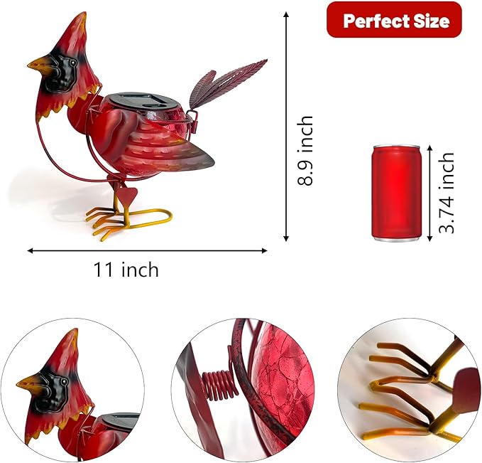 HONGLAND Solar Cardinal Statue Light, Animal LED Lights Outdoor, Solar Power Figurine Waterproof Metal Cardinal Yard Art for Pathway Patio Backyard Decoration Lawn Ornaments