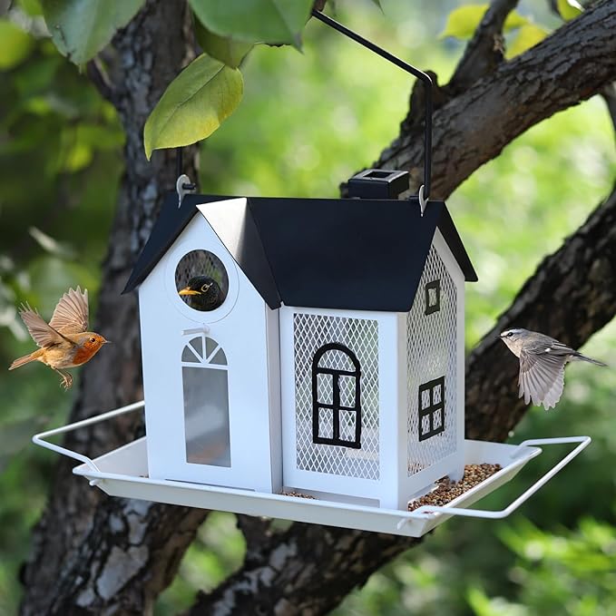Solar Bird Feeder for Outdoors – White Metal Hanging Bird Feeder with Solar Light, Decorative Bird House Feeder for Cardinals, Finches, and Wild Birds, Weatherproof Backyard Garden Decor