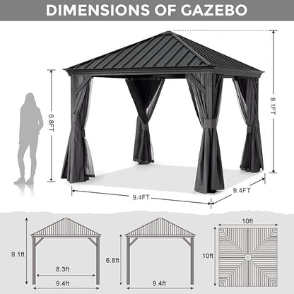 ABCCANOPY Hardtop Gazebo 10x10 - Outdoor Metal Hard Top Gazebo, Permanent Galvanized Steel Aluminum Framed Pavilion with Netting and Curtain for Patio Backyard Lawn Garden (Single Roof, Gray)