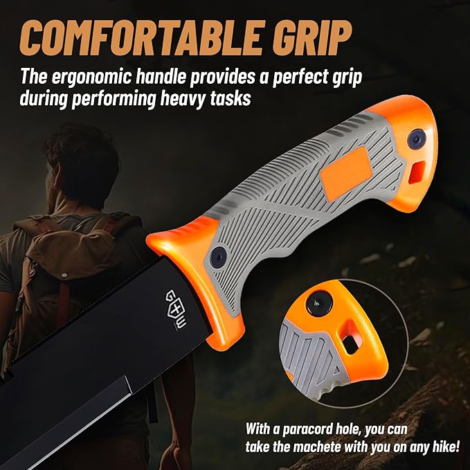 Machete with Saw - 25” Heavy Duty Tool & Sheath - Ergonomic No-Slip Handle - Survival Knife with Serrated Blade - Machetes for Bushcraft Outdoor Hunting Garden Cutting Trees and Yard Work