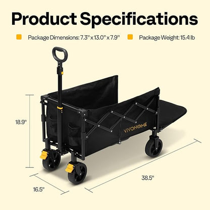 VIVOHOME 130L Collapsible Wagon with Tailgate, 320lb Load-Bearing Outdoor Utility with All-Terrain Wheels, Adjustable Handle, Cup Holders for Camping, Shopping, Garden, Sports, Picnic, Black