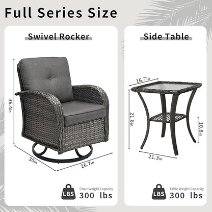 3 Pieces Patio Furniture Set, Outdoor Swivel Rocking Chair Set of 2 with Side Table - 360° Swivel, Thick Cushions, All-Weather Bistro Set for Deck, Porch, Pool(Grey, Grey Full-Weave Rattan)