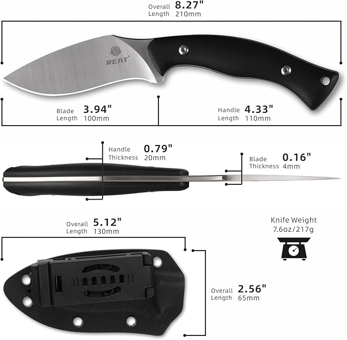 REAT Fixed Blade Knife with Kydex Sheath, 4" D2 Steel Blade with Full Tang Desgin,Ergonomic G10 Handle, EDC Knife for Hunting,Camping,Survival,Gift for Men,Christmas Stocking Stuffers