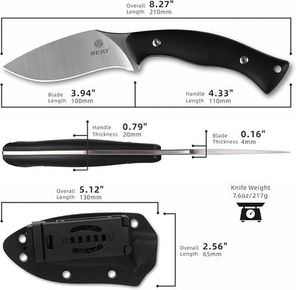 REAT Fixed Blade Knife with Kydex Sheath, 4" D2 Steel Blade with Full Tang Desgin,Ergonomic G10 Handle, EDC Knife for Hunting,Camping,Survival,Gift for Men,Christmas Stocking Stuffers