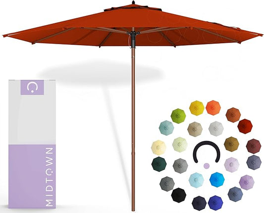 Midtown Umbrellas The Wooden 8 Feet Patio Umbrella With Terylast Apple (Red) Polyester Fabric - Aluminum Frame Market Umbrella For Backyard, Deck, Garden, Pool - Wooden Pole