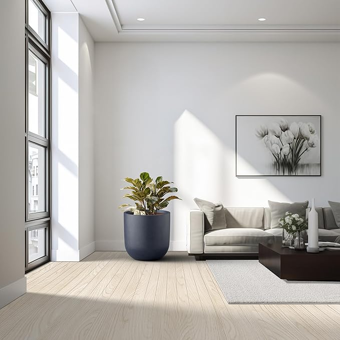 Kante 16.5" Round Concrete Planter, Large Cylinder Plant Pot with Curved Bottom and Drainage Hole, for Indoor and Outdoor Use – Garden or Patio, Charcoal Finish with Warm Brown Interior