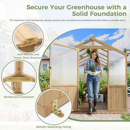 Restland 6x8 FT Wood Greenhouse for Outdoors Reinforced Frame Walk-in Greenhouses with Adjustable Roof Vents & Lockable Door Polycarbonate Green House for Outside