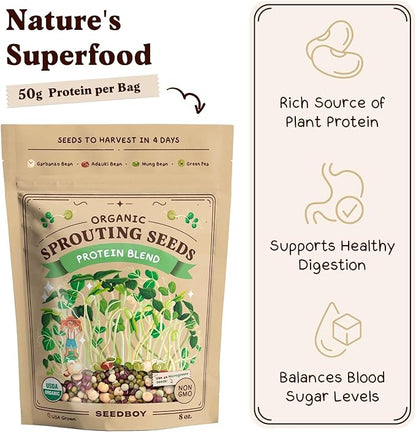 Seedboy Organic Non-GMO Sprouting Seeds, Protein Blend – USA Grown Microgreens Mix with Garbanzo, Mung Bean, Adzuki Beans, Green Pea - 8 oz Bag Makes 2 Quarts / 12 Servings (Protein Blend)