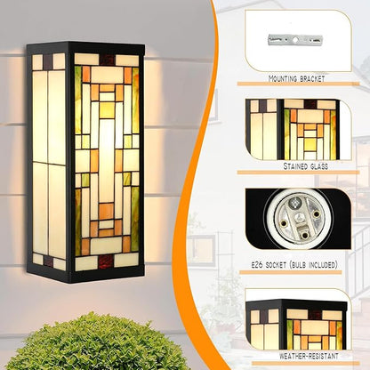 WL0005 Tiffany Style Rectangular Outdoor Wall Lights Stained Glass Corridor Wall Lamp Vintage Outdoor Balcony Aisle Hallway Wall Sconce Lighting,6" Wx 5.5" D x16 H, Bulb Included (Bricks)