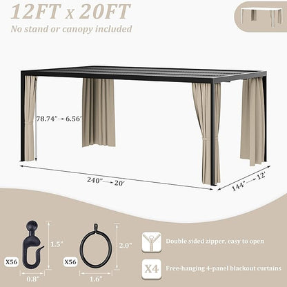 Gazebo Universal Replacement Privacy Curtain,12'×20' Gazebo Outdoor Waterproof Curtains, 4-Panels Sidewall Curtains with Double Zipper for Patio Canopy, Garden and Backyard (Curtain Only)