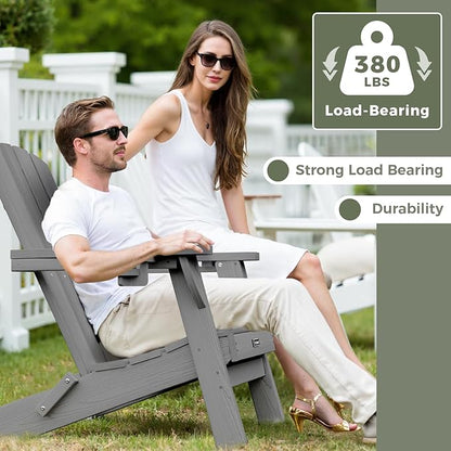 Folding Adirondack Chair Wood Texture 6 Pack, HDPE All-Weather Fire Pit Chairs, Plastic Adirondack Chairs with 2 Cup Holder, Outdoor Lawn Chair for Patio Garden (Grey)