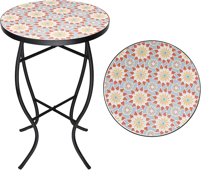 VCUTEKA Mosaic Outdoor Side Table - Small Patio Table Coffee Table Outside Accent Table Round End Plant Table for Bistro Balcony Porch Outdoor Benches 14'' Mosaic Table